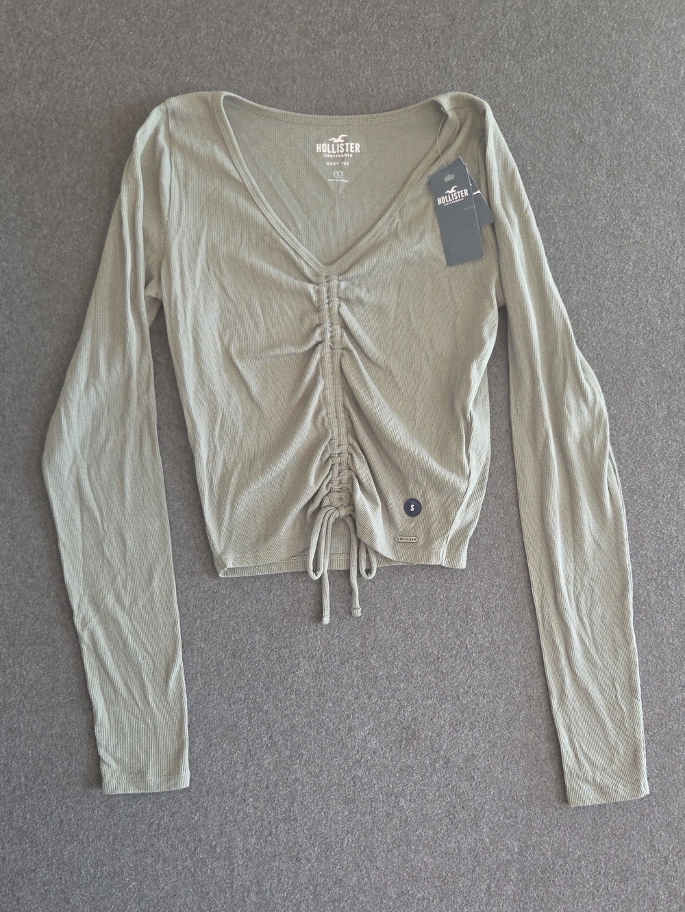 NWT Hollister Olive Drawstring Ruched V-Neck Long Sleeve Top